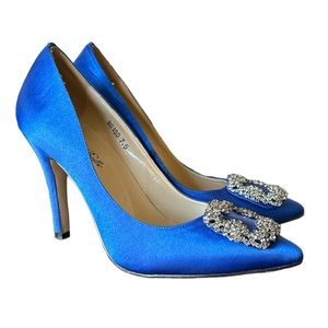 Bella Belle Royal Blue Satin Rhinestone Buckle Stiletto Heels